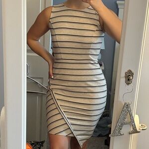 Asymmetrical Striped Dress - Black and White